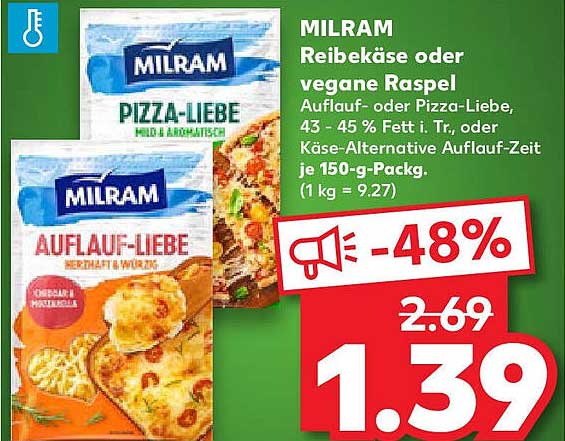 MILRAM Reibekäse oder vegane Raspel Auflauf- oder Pizza-Liebe