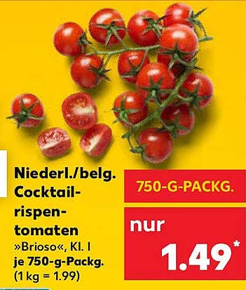 Niederl./belg. Cocktailrispentomaten »Brioso«, Kl. I je 750-g-Pack.