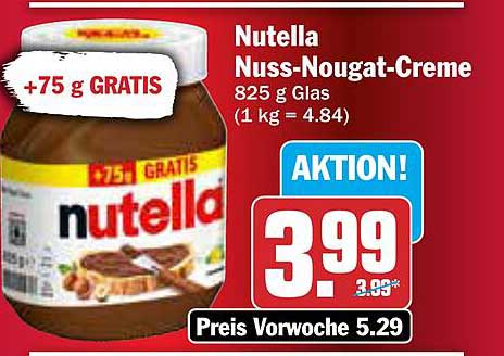 Nutella Nuss-Nougat-Creme 825 g Glas + 75 g GRATIS