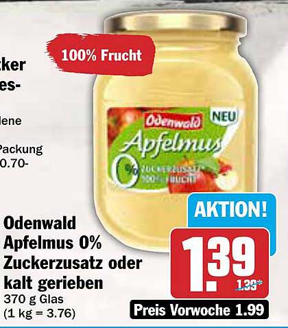 Odenwald Apfelmus 0% Zuckerzusatz oder kalt gerieben 370 g