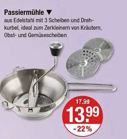 Passiermühle aus Edelstahl mit 3 Scheiben und Drehkurbel