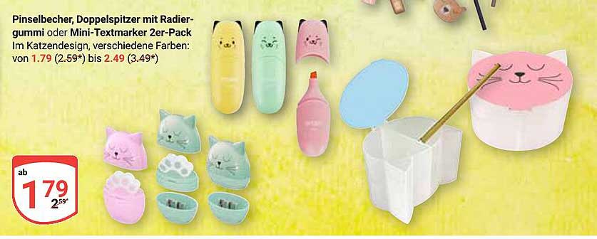 Pinselbecher, Doppelspitzer mit Radiergummi oder Mini-Textmarker 2er-Pack im Katzendesign