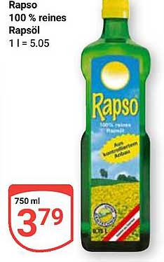 Rapso 100 % reines Rapsöl – 750 ml