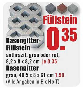 Rasengitter-Füllstein anthrazit, grau oder rot, 8,2 x 8 x 8,2 cm je 0,35 €