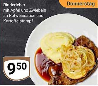 Rinderleber mit Apfel und Zwiebeln an Rotweinsauce und Kartoffelstampf