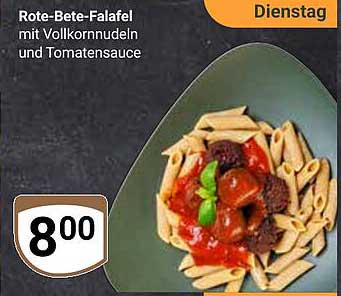 Rote-Bete-Falafel mit Vollkornnudeln und Tomatensauce