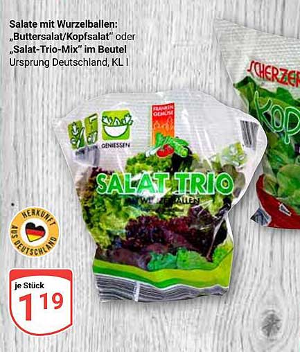 Salate mit Wurzelballen: 'Buttersalat/Kopfsalat' oder 'Salat-Trio-Mix' im Beutel
