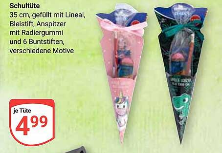 Schultüte mit Lineal, Bleistift, Anspitzer und 6 Buntstiften, verschiedene Motive