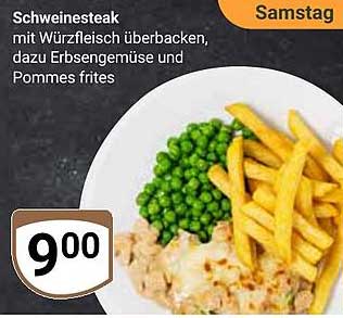 Schweinenesteak mit Würzfleisch überbacken, dazu Erbsengemüse und Pommes frites