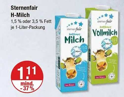 Sternenfair H-Milch 1,5 % oder 3,5 % Fett je 1-Liter-Packung