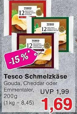 Tesco Schmelzkäse Gouda, Cheddar oder Emmentaler, 200g