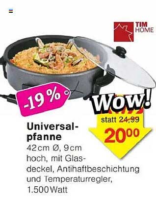 Universalpfanne 42cm Ø, 9cm hoch, mit Glasdeckel, Antihaftbeschichtung und Temperaturregler, 1.500 Watt