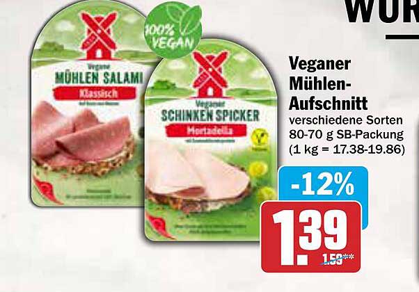 Vegane Mühlen-Aufschnitt verschiedene Sorten 80-70 g SB-Packung