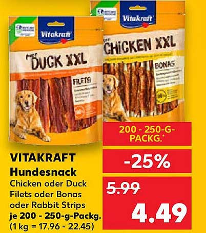 VITAKRAFT Hundesnack Chicken oder Duck Filets, Bonus oder Rabbit Strips