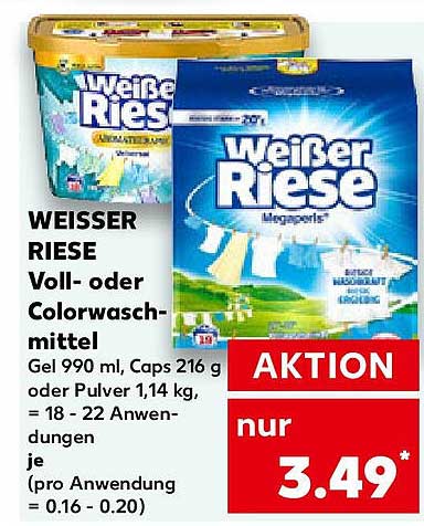 WEISSER RIESE Voll- oder Colorwaschmittel Gel 990 ml oder Caps 216 g oder Pulver 1,14 kg