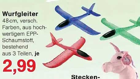 Wurfgleiter 48 cm, verschiedene Farben, aus hochwertigem EPP-Schaumstoff, bestehend aus 3 Teilen, je 2,99