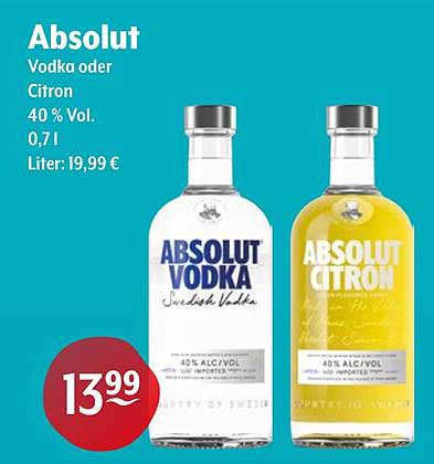 Absolut Vodka oder Absolut Citron 0,7l - nur 13,99 €!