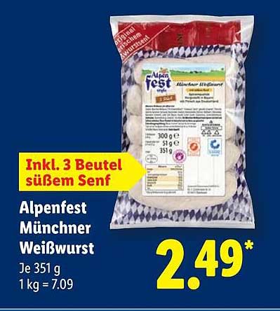 Alpenfest Münchner Weißwurst mit 3 Beuteln süßem Senf