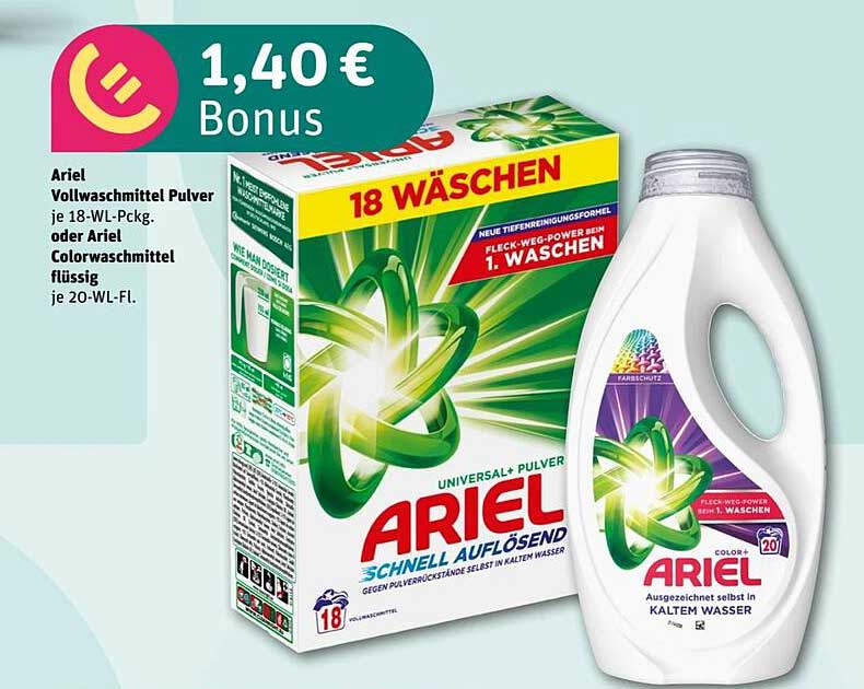 Ariel Vollwaschmittel Pulver je 18-WL-Pckg. oder Ariel Colorwaschmittel flüssig je 20-WL-Fl.