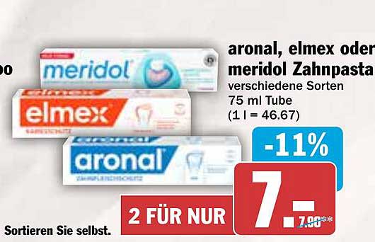 aronal, elmex oder meridol Zahnpasta – 75 ml Tube, 2 für nur 7 €