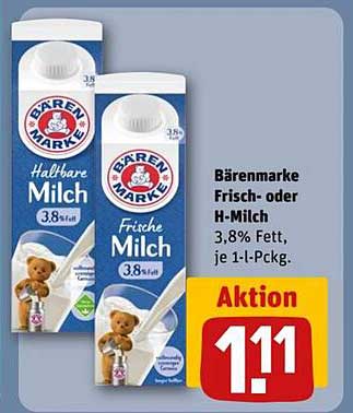 Bärenmarke Frisch- oder H-Milch 3,8% Fett, je 1-L-Pckg.