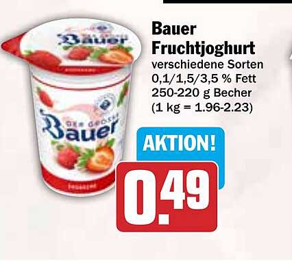 Bauer Fruchtjoghurt verschiedene Sorten 0,1/1,5/3,5 % Fett 250-220 g Becher