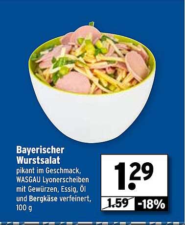 Bayerischer Wurstsalat, pikant im Geschmack, WASGAU Lyonerscheiben mit Gewürzen, Essig, Öl und Bergkäse verfeinert, 100 g