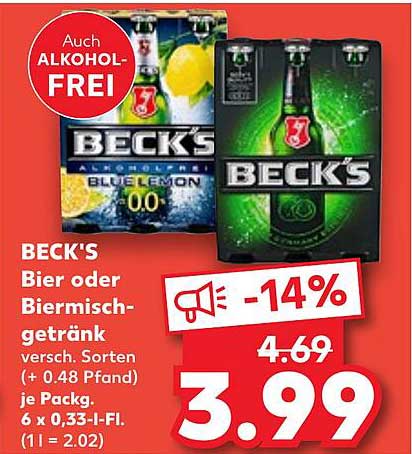 BECK'S Bier oder Biermischgetränk, 6 x 0,33 l