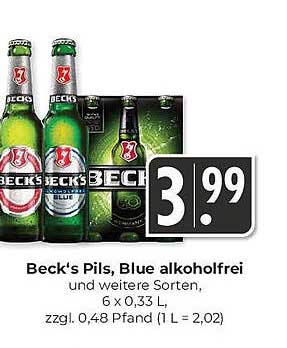 Beck's Pils, Blue alkoholfrei, 6 x 0,33 L