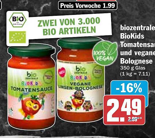 biozentrale BioKids Tomatensauce und vegane Linsen-Bolognese 350 g Glas