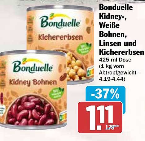 Bonduelle Kidney-, Weiße Bohnen, Linsen und Kichererbsen 425 ml Dose