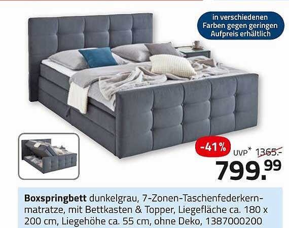 Boxspringbett dunkelgrau, 7-Zonen-Taschenfederkernmatratze, mit Bettkasten & Topper