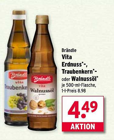 Brändle Vita Erdnuß-, Traubenkern- oder Walnussöl je 500-ml-Flasche