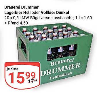 Brauerei Drummer Lagerbier Hell oder Vollbier Dunkel - 20 x 0,5 l