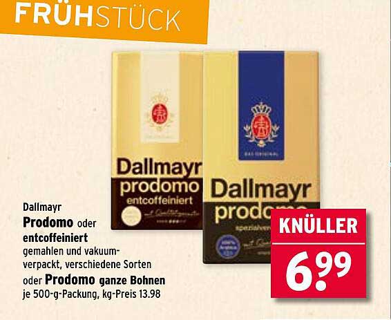 Dallmayr Prodomo oder entkoffeiniert gemahlen und vakuumverpackt