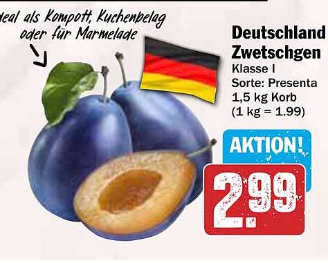 Deutschland Zwetschgen - Klasse I, Sorte: Presenta, 1,5 kg Korb für nur 2,99€