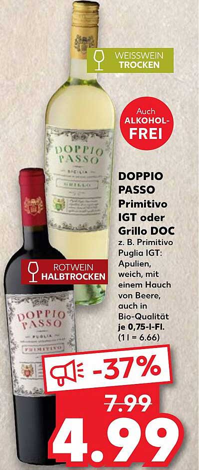DOPPIO PASSO Primitivo IGT oder Grillo DOC - Jetzt nur 4,99 €
