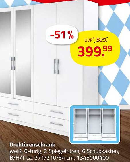 Drehtürenschrank weiß, 6-türig mit 2 Spiegeltüren und 6 Schubkästen
