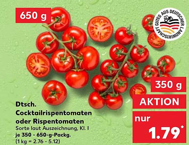 Dtsc. Cocktailrispentomaten oder Rispentomaten 650 g für nur 1,79 €