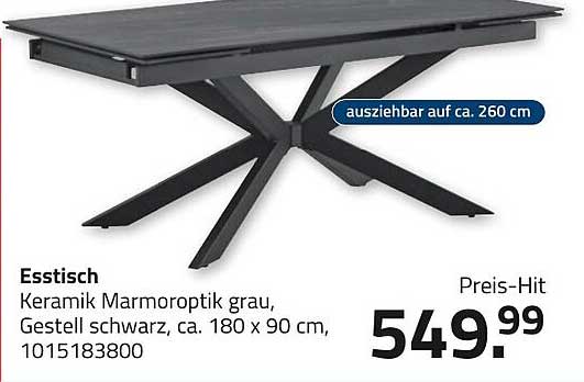 Esstisch Keramik Marmoroptik grau, Gestell schwarz, ca. 180 x 90 cm, ausziehbar auf ca. 260 cm