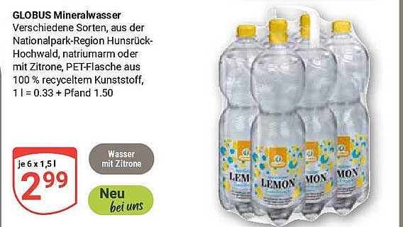 GLOBUS Mineralwasser - Verschiedene Sorten, aus der Nationalpark-Region Hunsrück-Hochwald