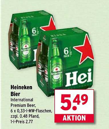 Heineken Bier International Premium Beer, 6 x 0,33-l-MW-Flaschen, zzgl. 0.48 Pfand