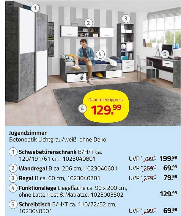 Jugendzimmer in Betonoptik Lichtgrau/Weiß