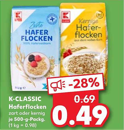 K-CLASSIC Haferflocken zart oder kernig je 500-g-Packung