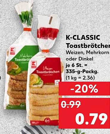 K-CLASSIC Toastbrötchen Weizen, Mehrkorn oder Dinkel je 6 St.