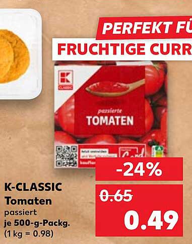 K-CLASSIC Tomaten passierte, je 500-g-Pack. (1 kg = 0,98 €)