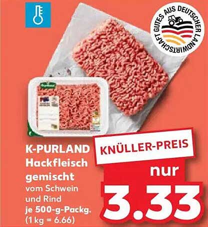 K-PURLAND Hackfleisch gemischt vom Schwein und Rind je 500-g-Packung