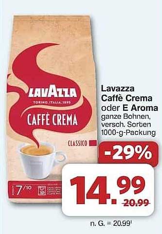 Lavazza Caffè Crema oder E Aroma ganze Bohnen, 1000-g-Packung