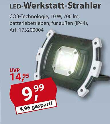LED-Werkstatt-Strahler, 10 W, 700 lm, batterie betrieben, für außen (IP44)