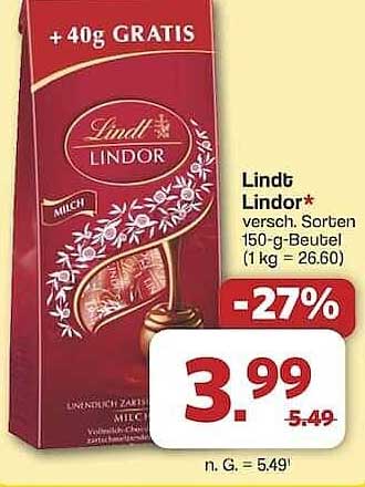 Lindt Lindor Milch 150-g-Beutel + 40g GRATIS